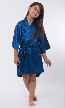 Navy Blue Satin Kimono Kid's Robe-Robemart.com
