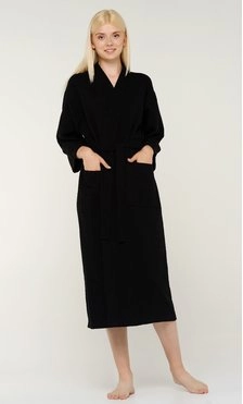 100% Turkish Cotton Black Waffle Kimono Robe-Robemart.com
