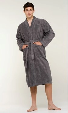 100% Turkish Cotton Gray Terry Kimono Bathrobe-Robemart.com