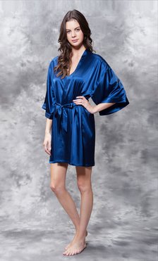 CLEARANCE Navy Blue Satin Kimono Short Robe-Robemart.com