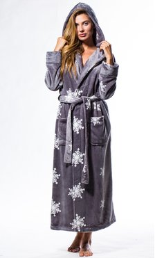 Super Soft Gray Snow Plush Hooded Women's Robe-Robemart.com