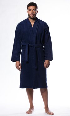 100% Turkish Cotton Navy Blue Terry Kimono Bathrobe-Robemart.com