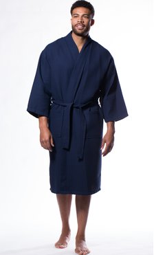 Waffle Kimono Navy Blue Long Robe Square Pattern-Robemart.com