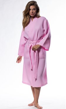 Waffle Kimono Pink Long Robe Square Pattern-Robemart.com