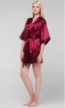 Wine Red Satin Kimono Short Robe-Robemart.com