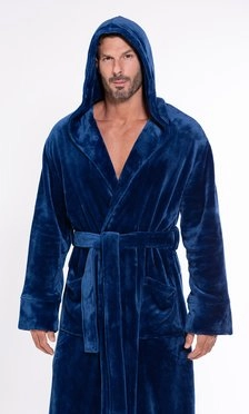Men's Navy Blue Plush Soft Warm Fleece Bathrobe with Hood, Comfy Men's Robe-Robemart.com
