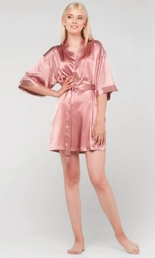 Rose Pink Satin Kimono Short Robe-Robemart.com