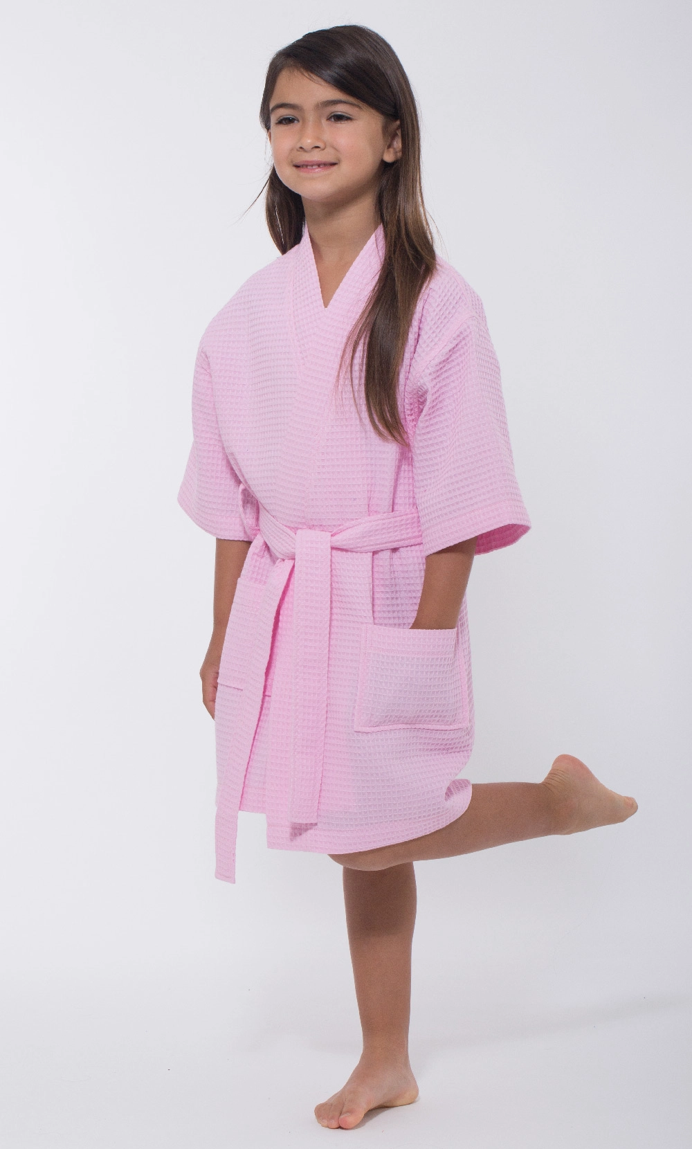 Thigh High Pink Kimono Soft Waffle Weave Robe with Dual Pockets