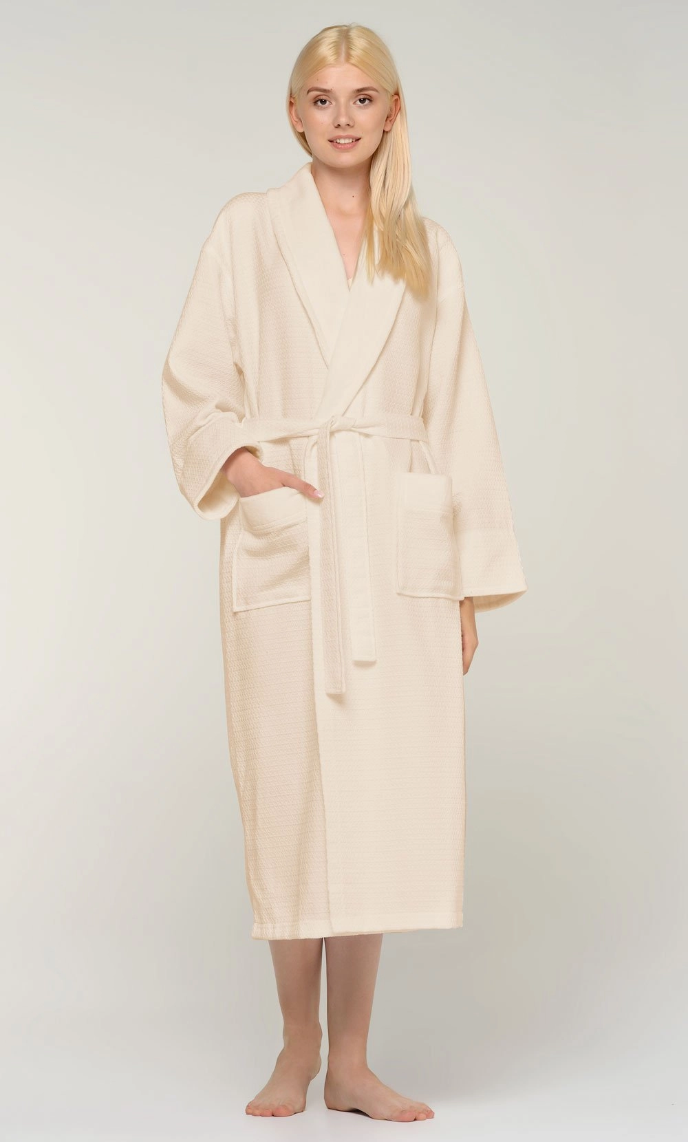 100% Turkish Cotton Beige Waffle With Velour Shawl Robe-Robemart.com