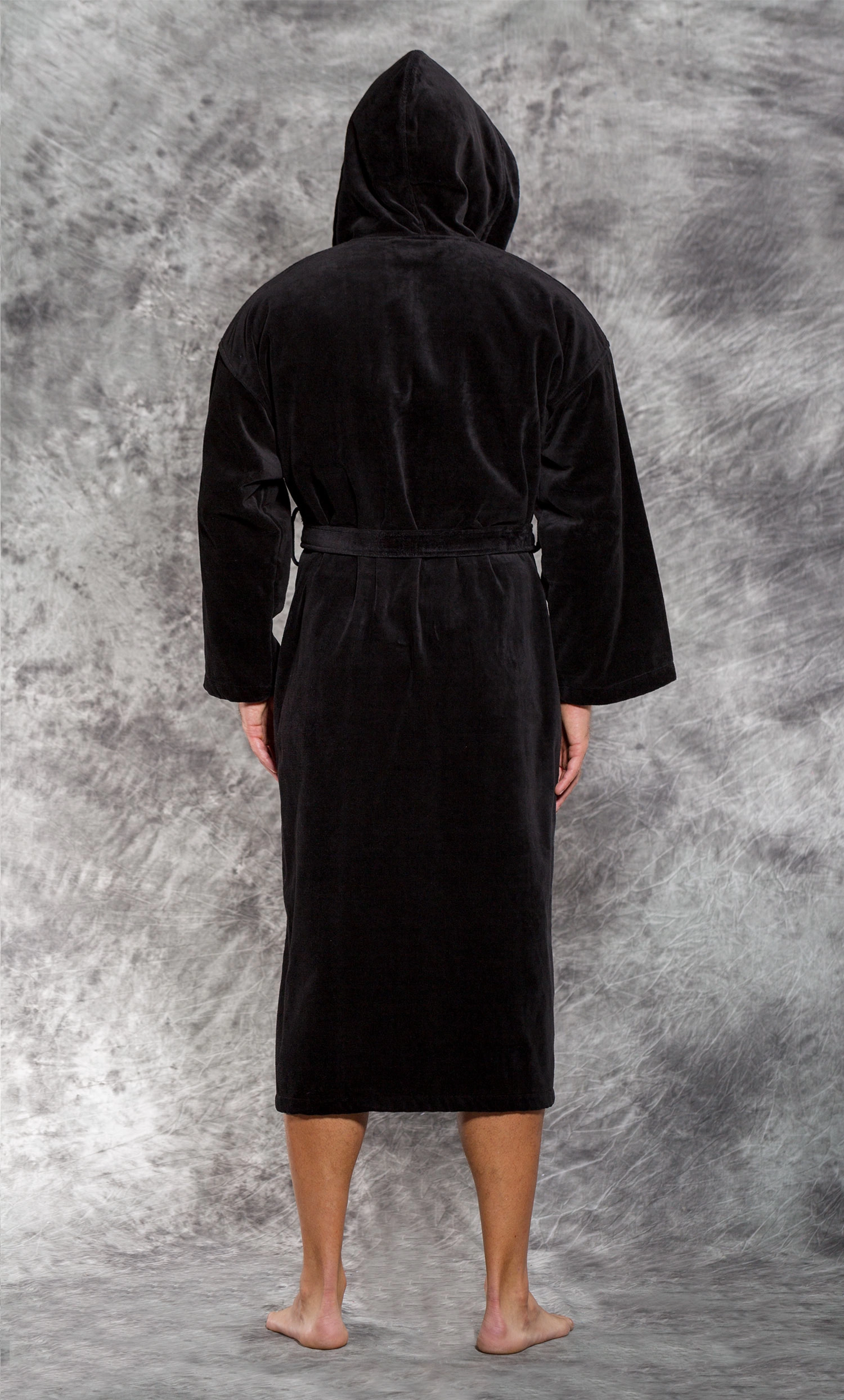 100% Turkish Cotton Black Hooded Terry / Velour Bathrobe-Robemart.com