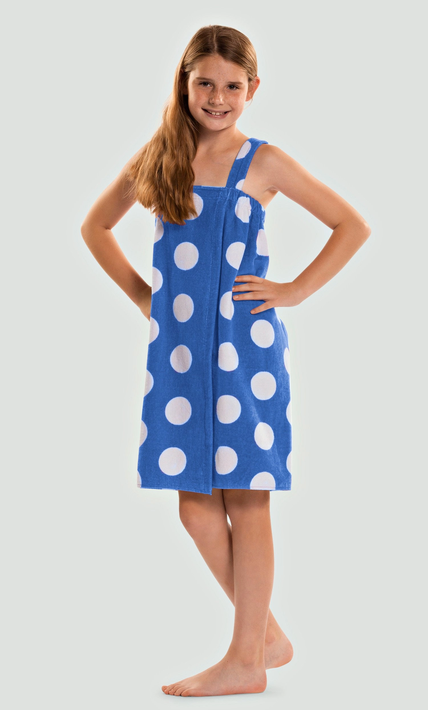 100% Cotton Polka Dot Blue Terry Velour Cloth Kid's Spa/Pool Wrap, Bath Towel Wrap-Robemart.com