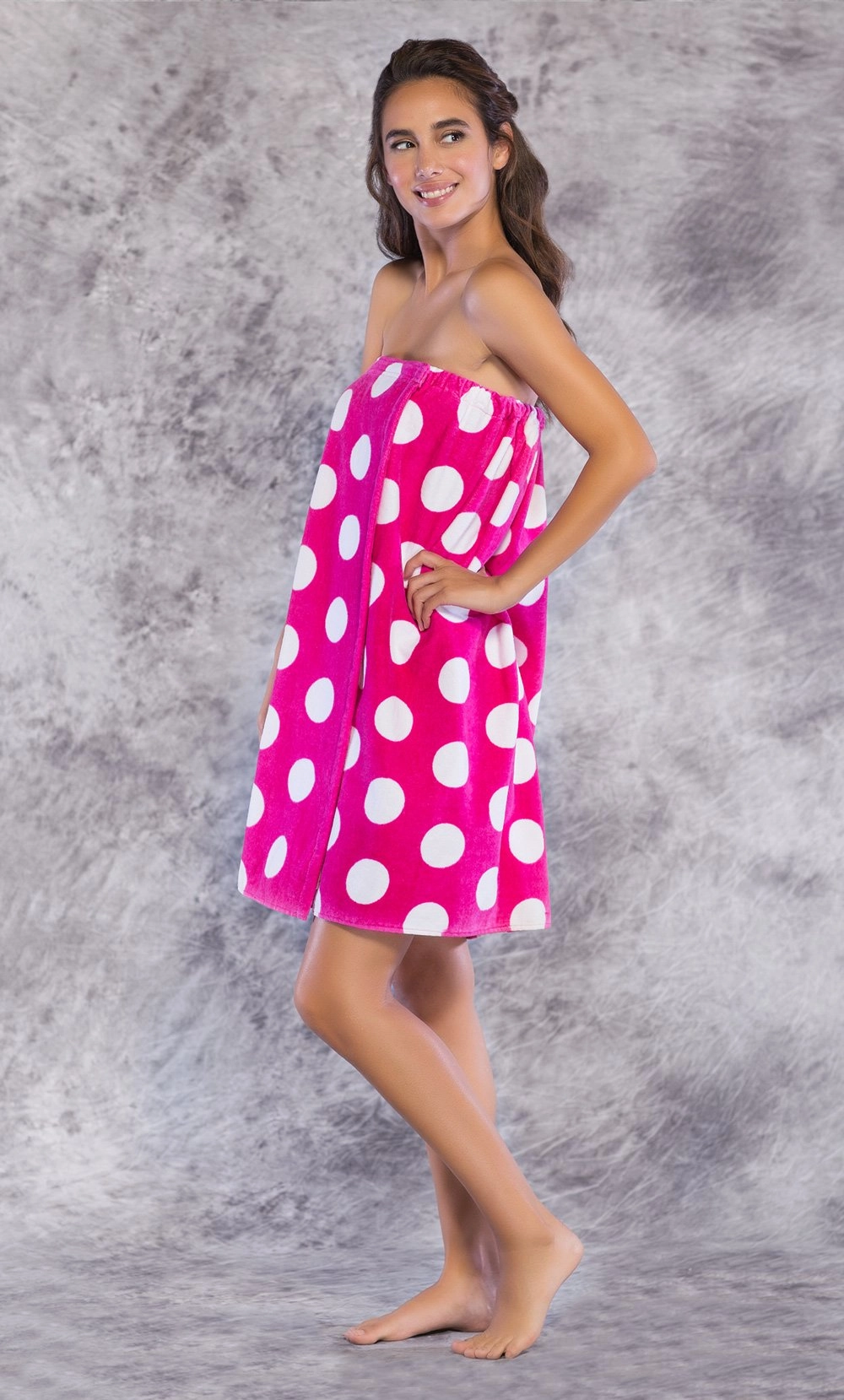 100% Cotton Polka Dot Fuchsia Terry Velour Cloth Spa Wrap, Bath Towel Wrap-Robemart.com