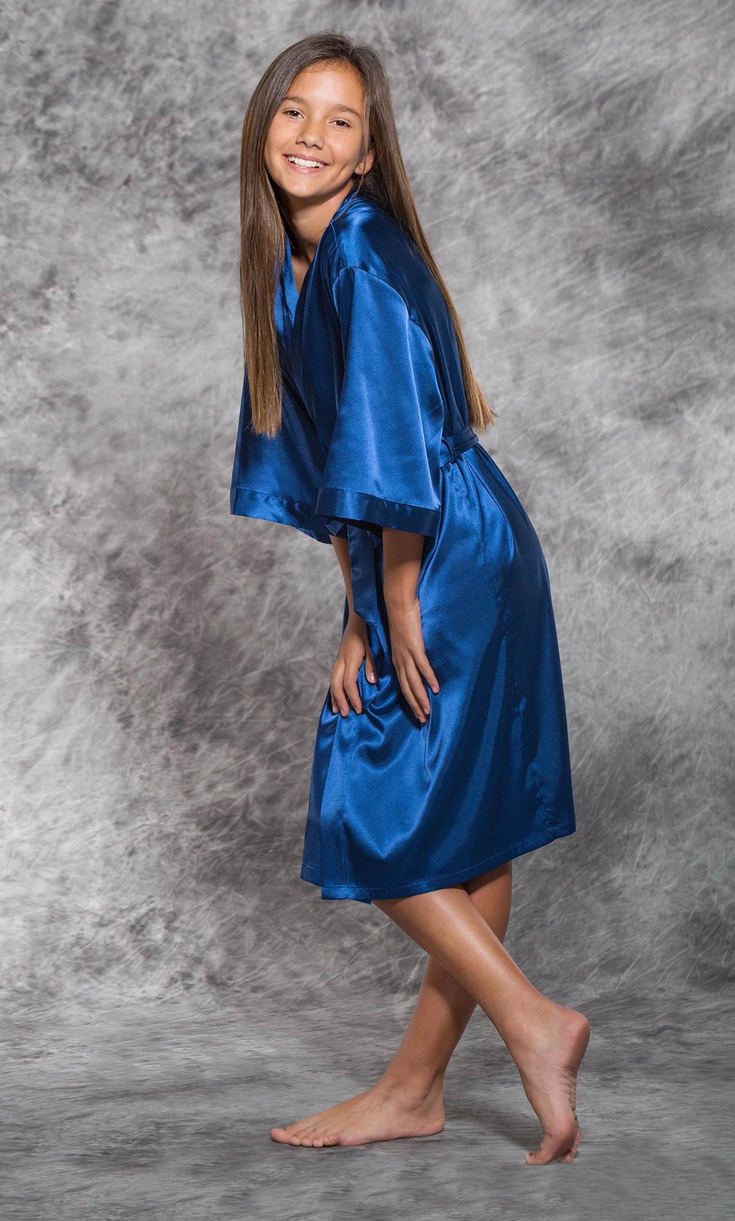 Airy Blue Satin Kimono Kid's Robe