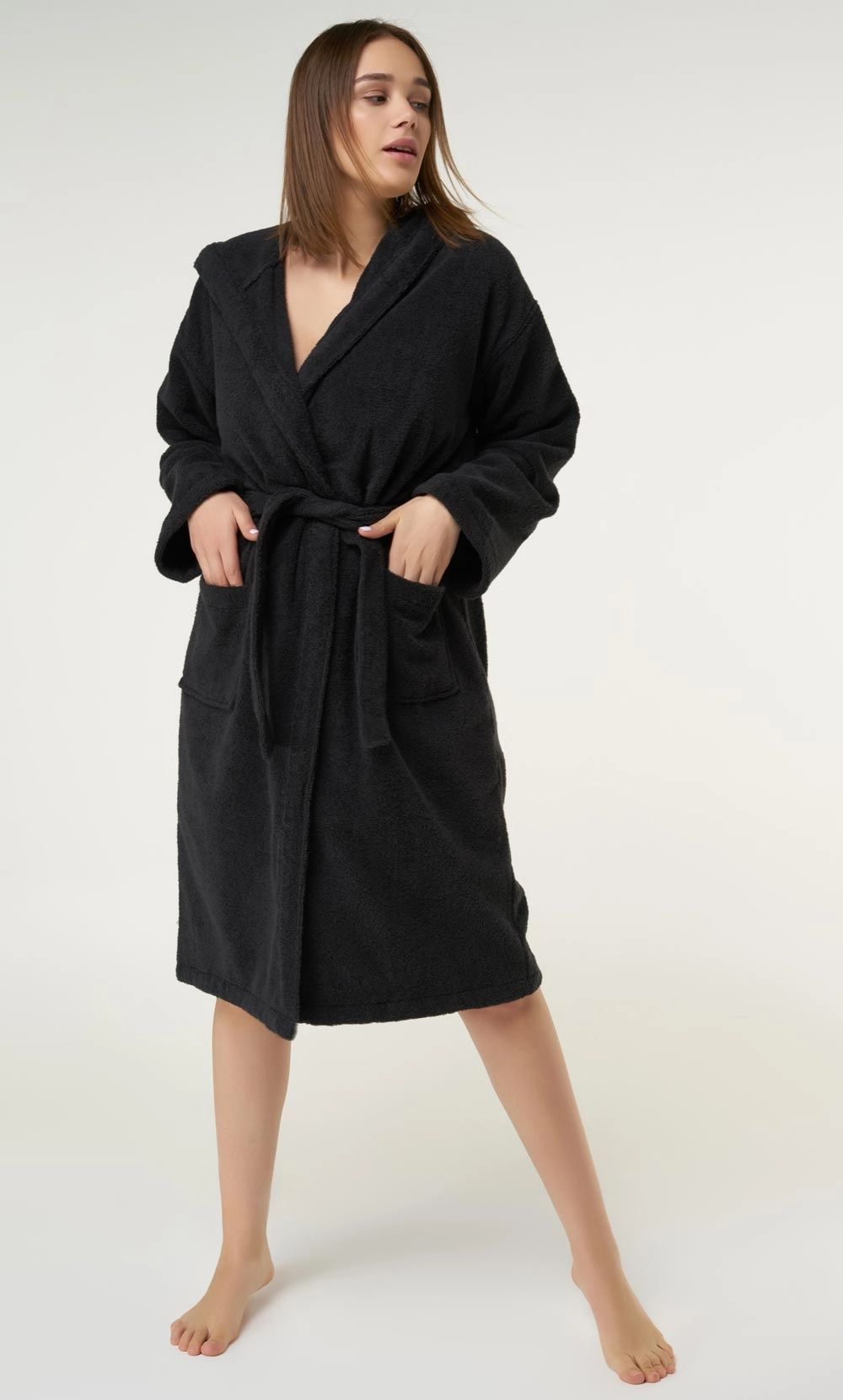 100% Turkish Cotton Black Heavy Weight Hooded Terry Bathrobe-Robemart.com