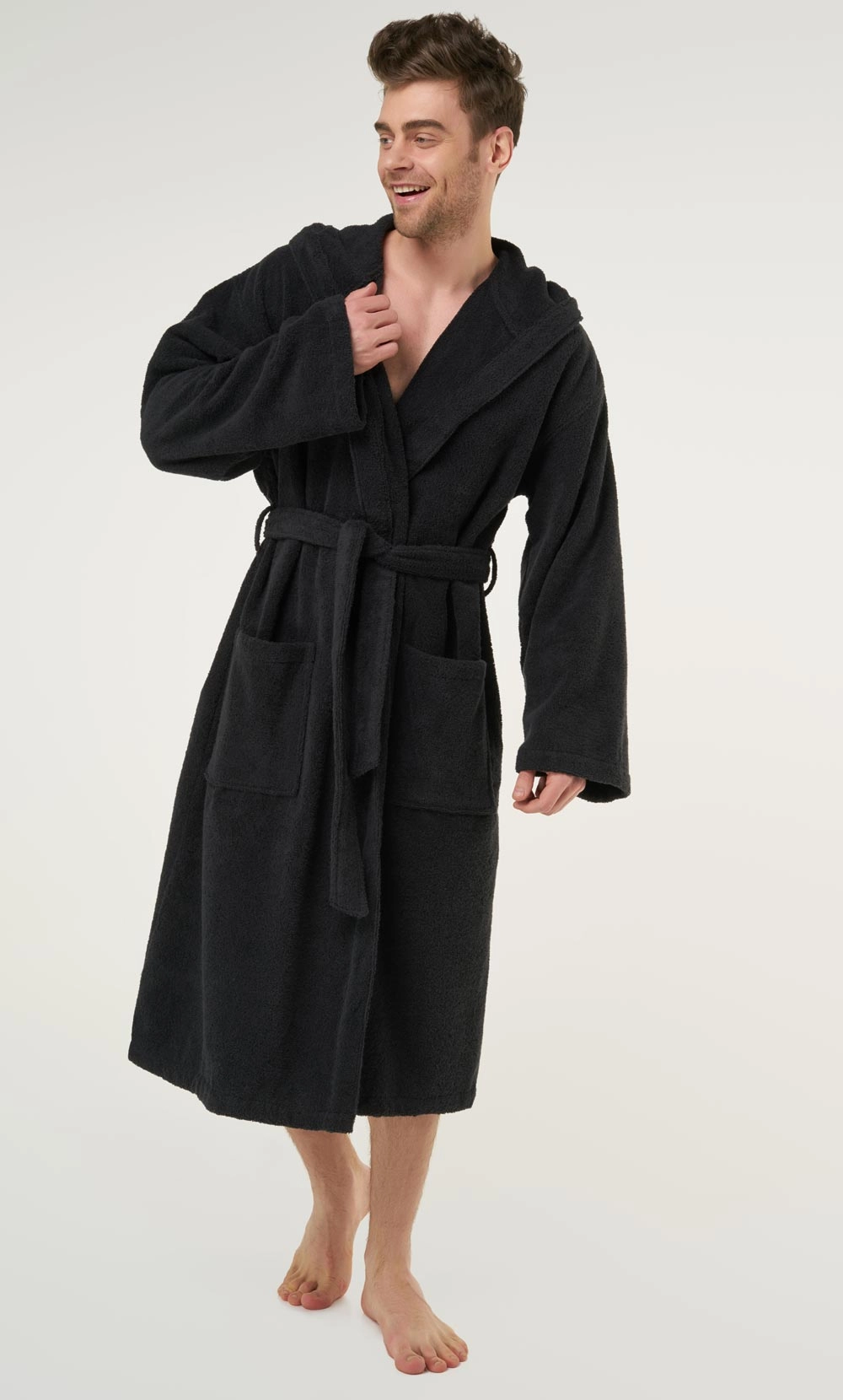 100% Turkish Cotton Black Heavy Weight Hooded Terry Bathrobe-Robemart.com