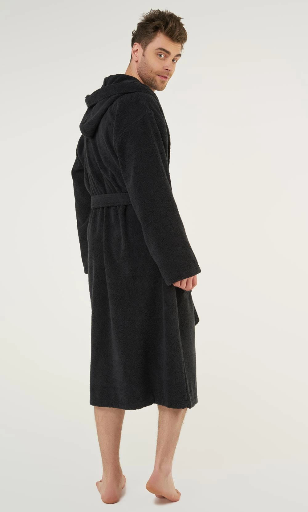 100% Turkish Cotton Black Heavy Weight Hooded Terry Bathrobe-Robemart.com