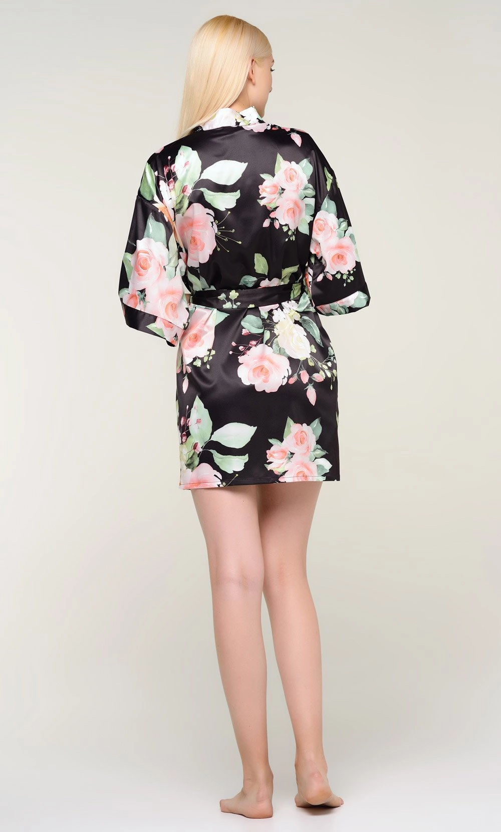 Black Carmen Floral Satin Kimono Short Robe-Robemart.com