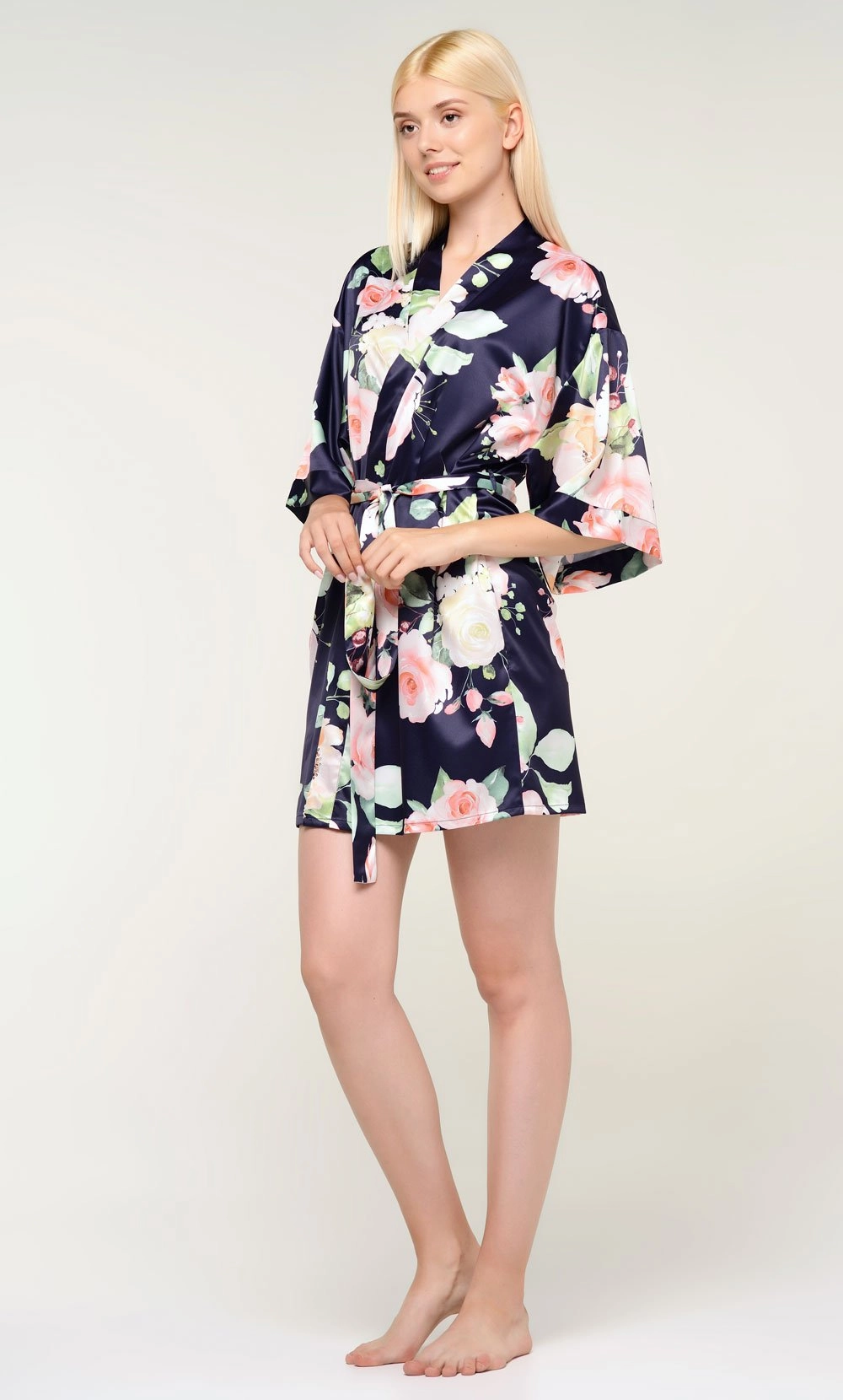 Navy Blue Carmen Floral Satin Kimono Short Robe-Robemart.com