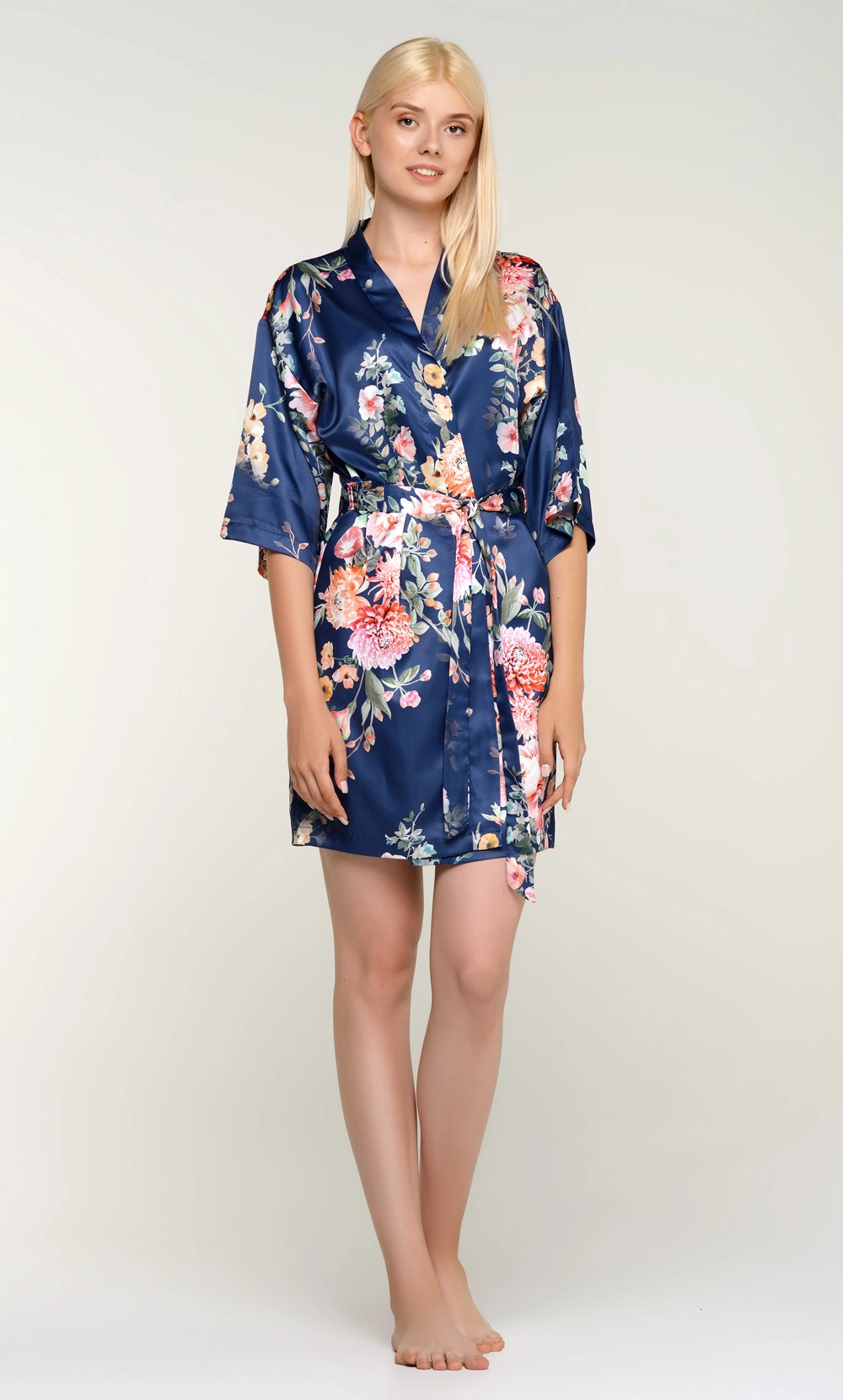 Navy Blue Tish Silky Satin Kimono Robe | Robemart Wholesale Prices