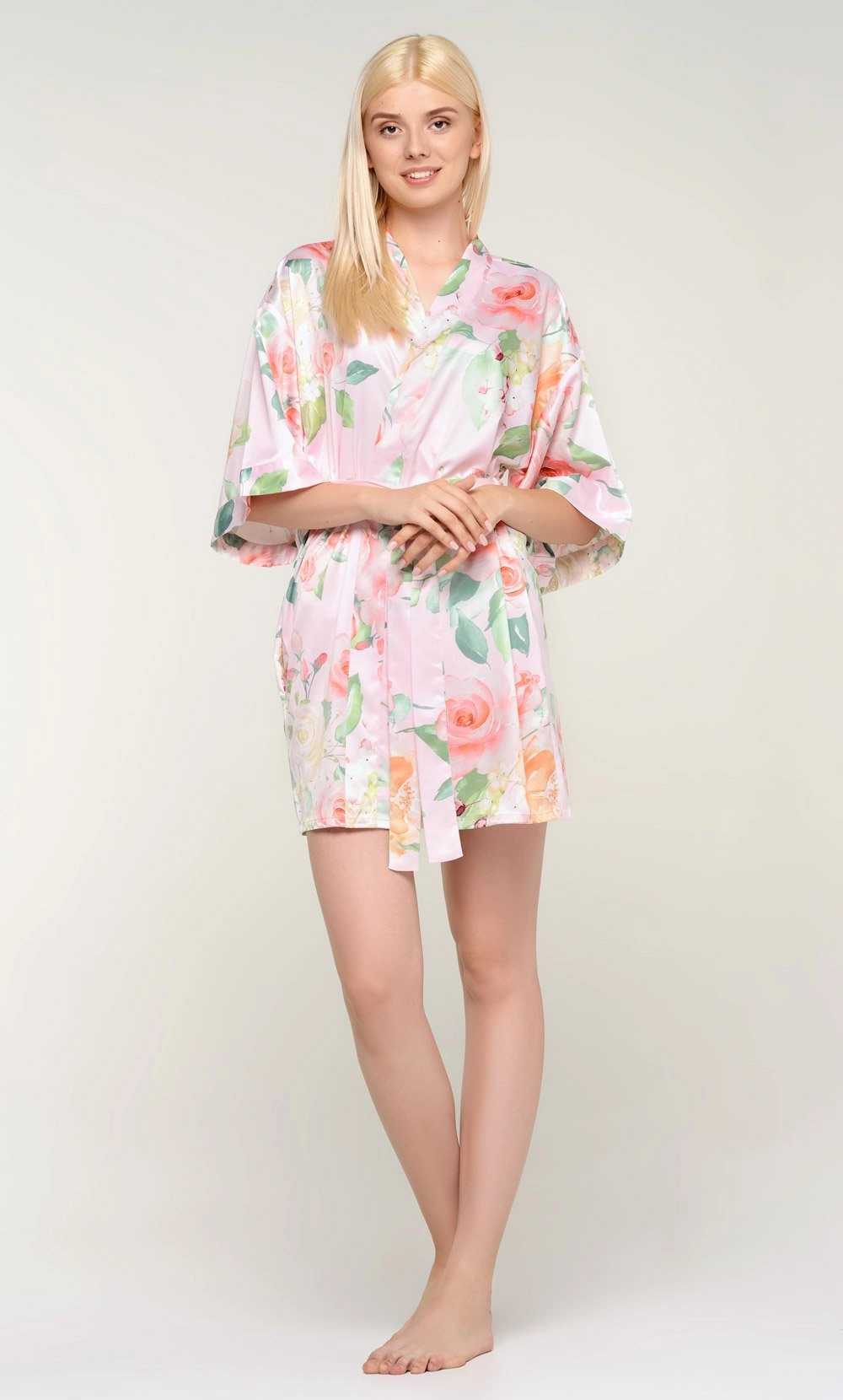 Pink Carmen Floral Satin Kimono Short Robe-Robemart.com