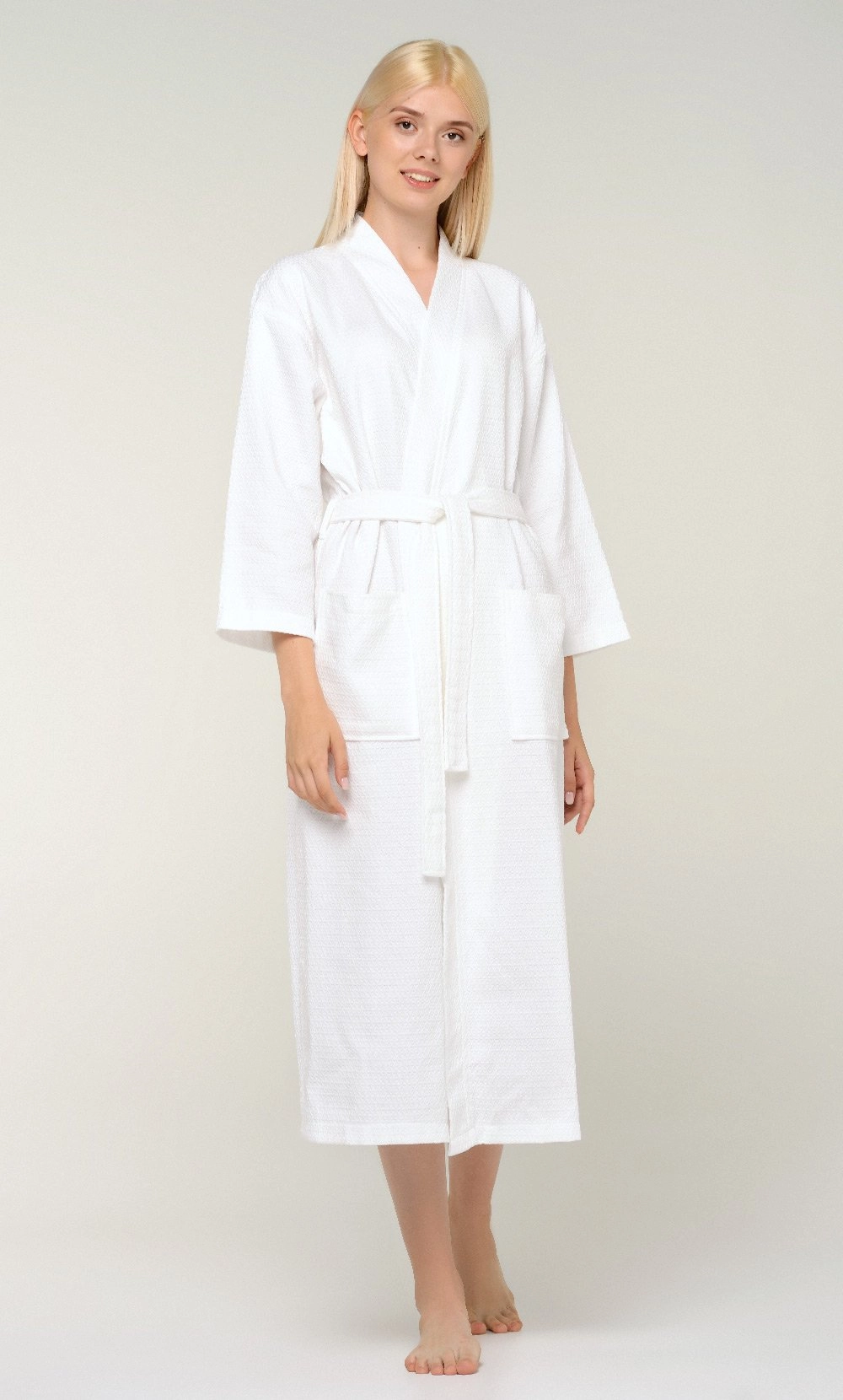100% Turkish Cotton White Waffle Kimono Robe-Robemart.com