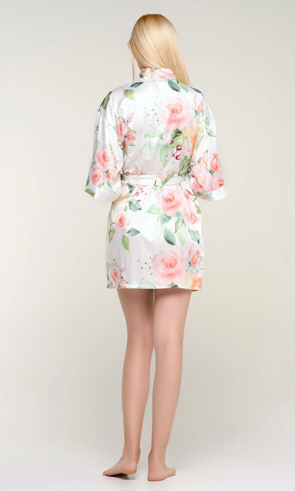 White Carmen Floral Satin Kimono Short Robe-Robemart.com