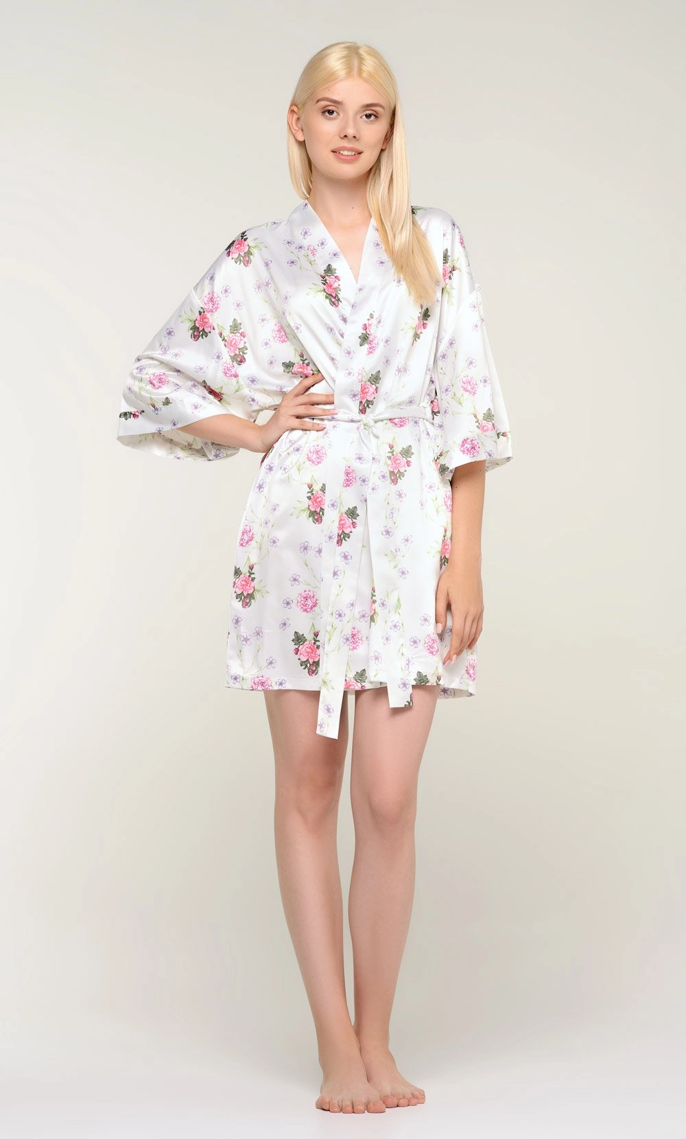 White Jasmine Floral Satin Kimono Short Robe-Robemart.com