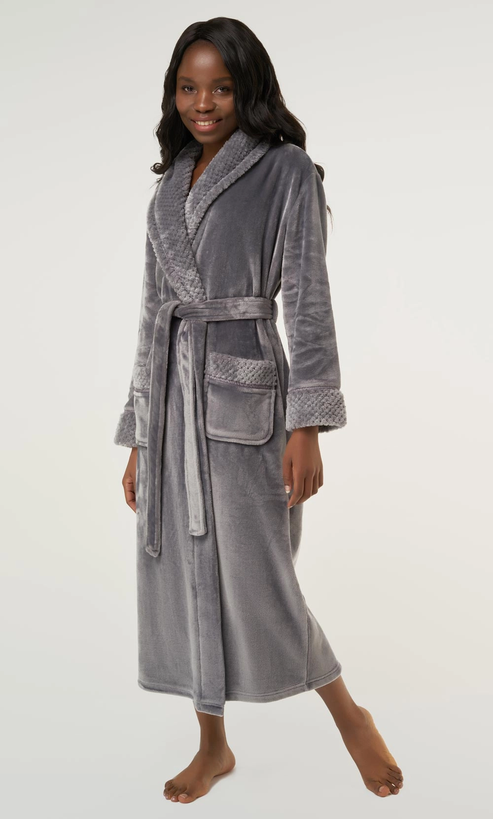 Gray Plush Soft Warm Fleece Womens Robe-Robemart.com