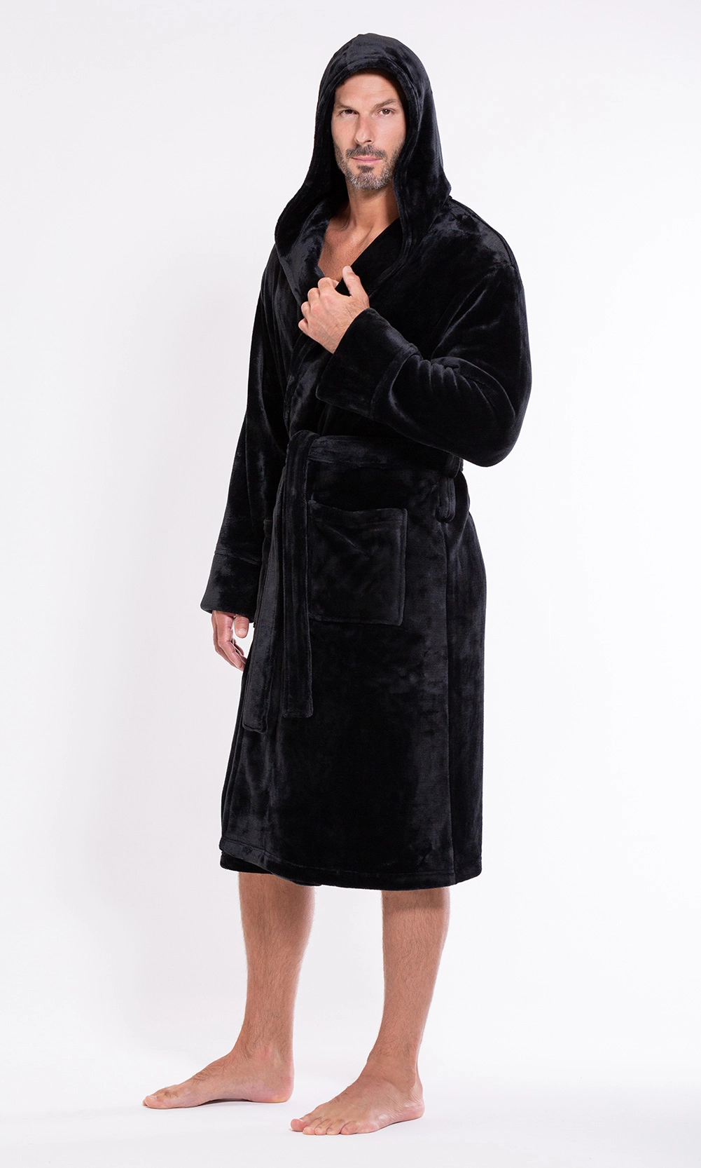 Men's Black Plush Soft Warm Fleece Bathrobe with Hood, Comfy Men's Robe