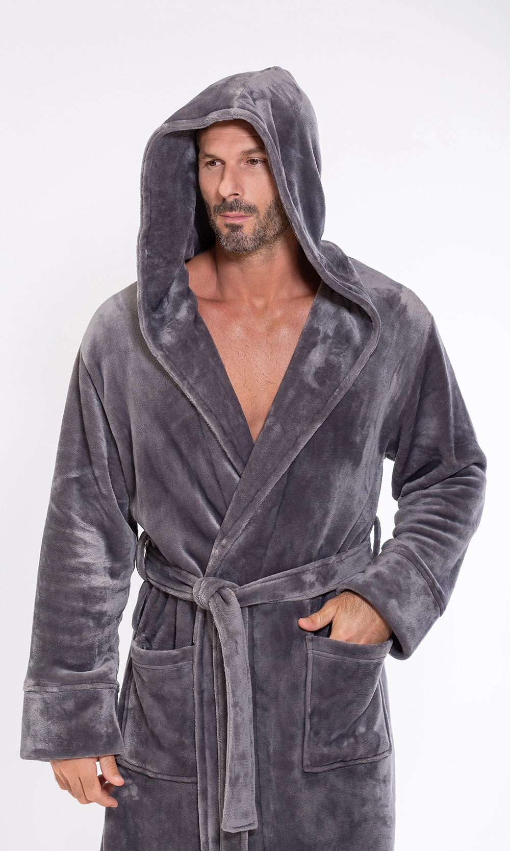 Mens Fleece Hooded Robe Soft Fluffy Thick Warm Dressing Gown With Hood  Nightwear