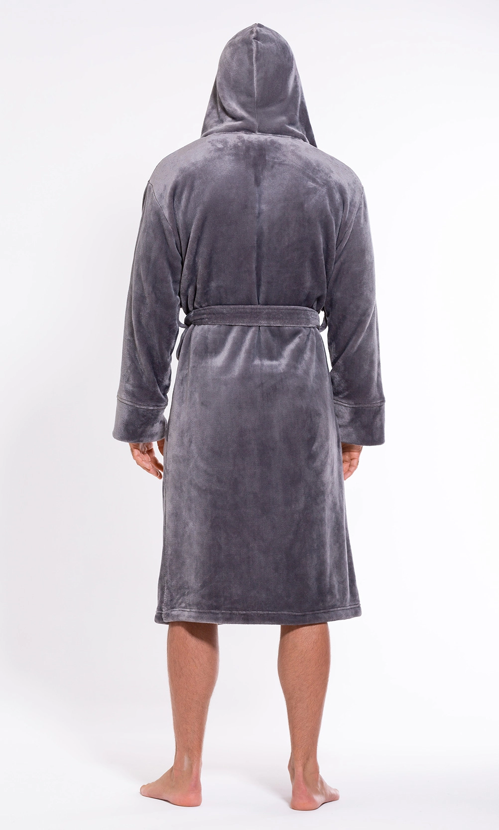 Men's Gray Plush Soft Warm Fleece Bathrobe with Hood, Comfy Men's Robe-Robemart.com