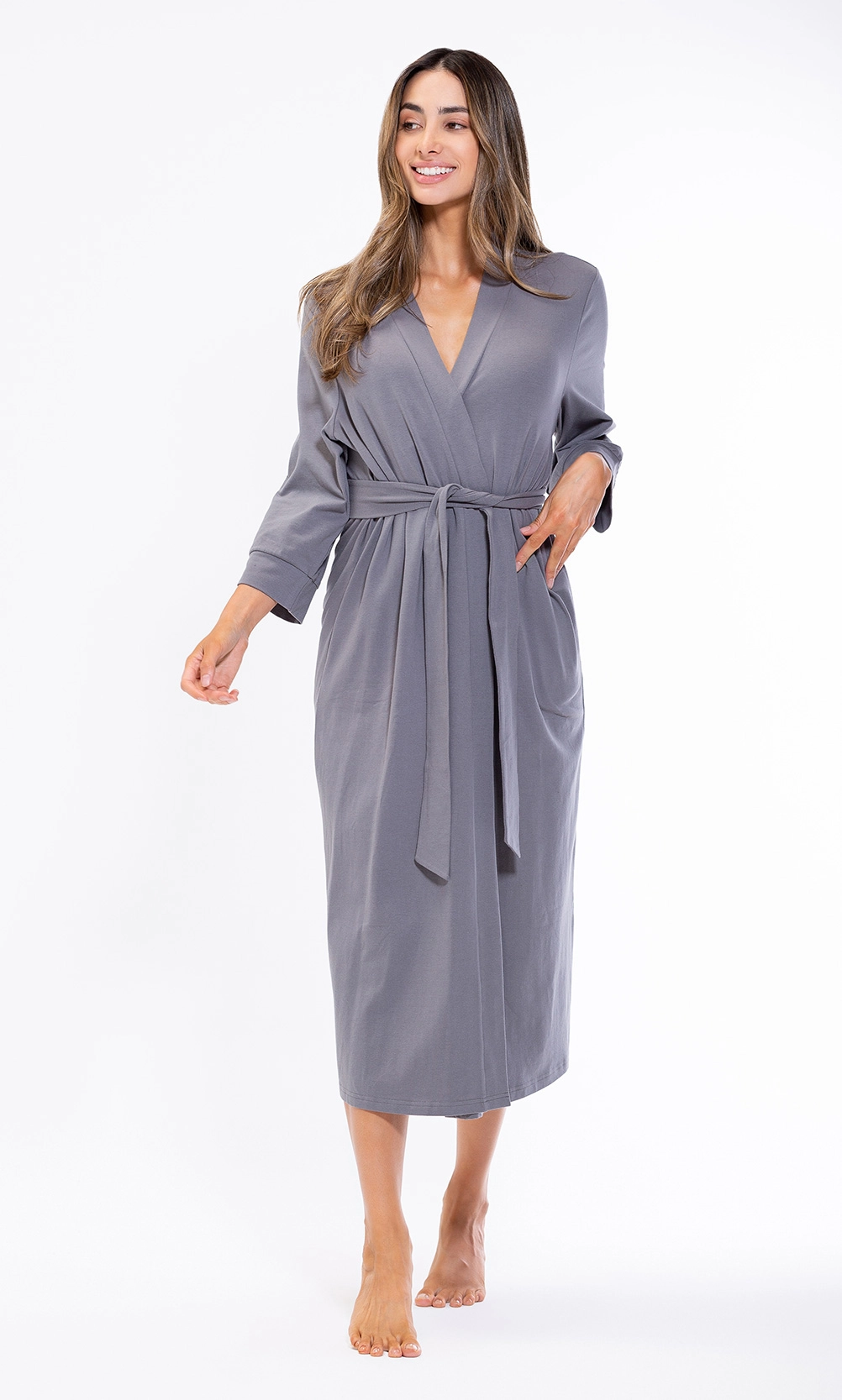 Women's :: Knit Robes :: Cotton Charcoal Gray Knit Kimono Robe ...