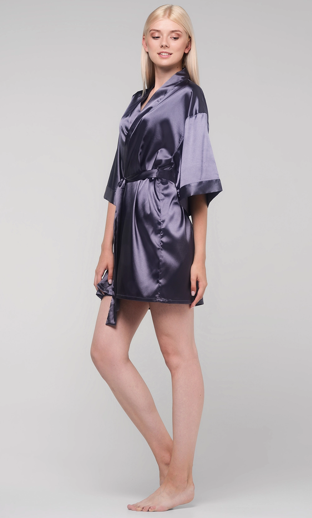 Charcoal Satin Kimono Short Robe-Robemart.com