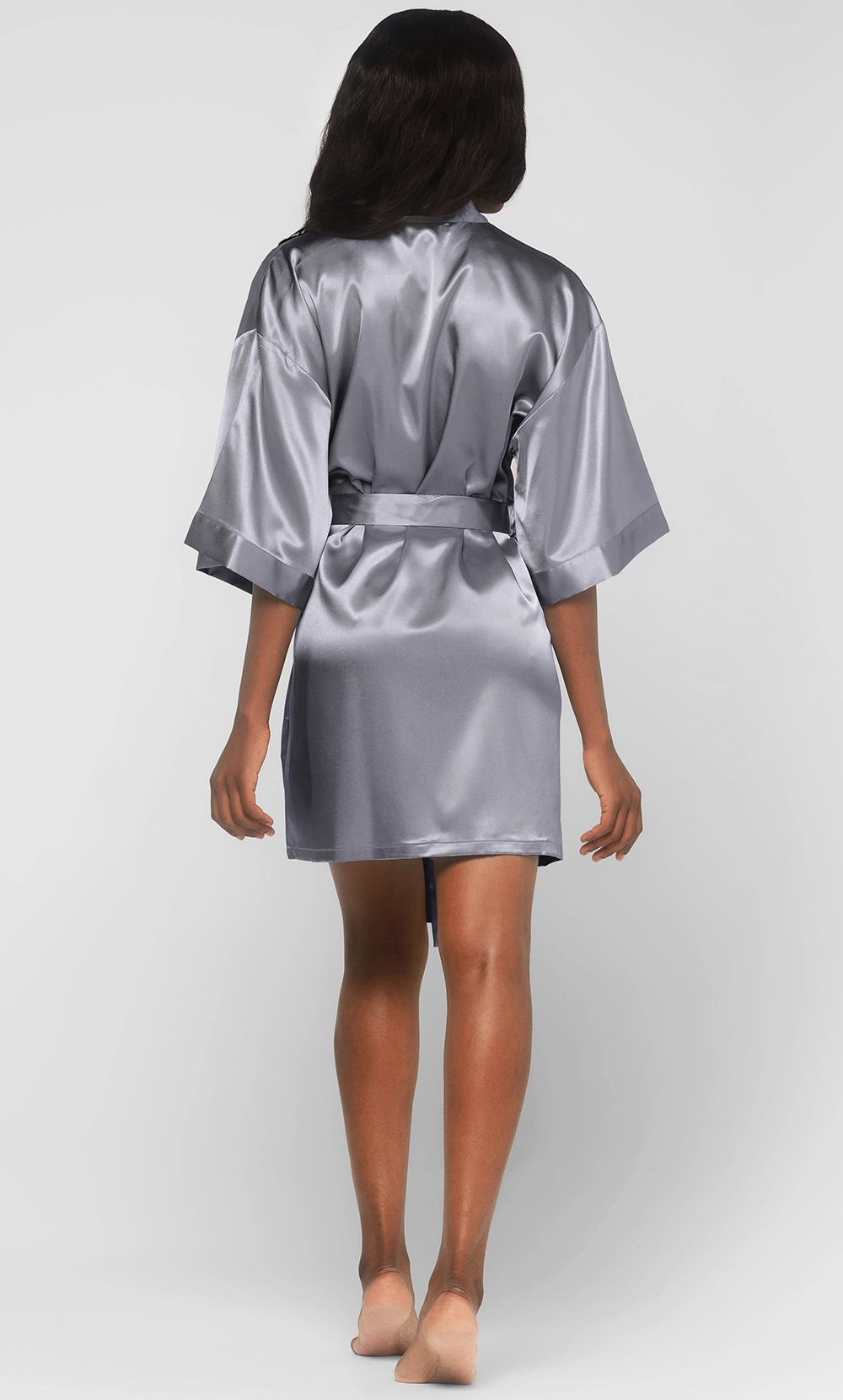 Classic Gray Satin Kimono Short Robe-Robemart.com