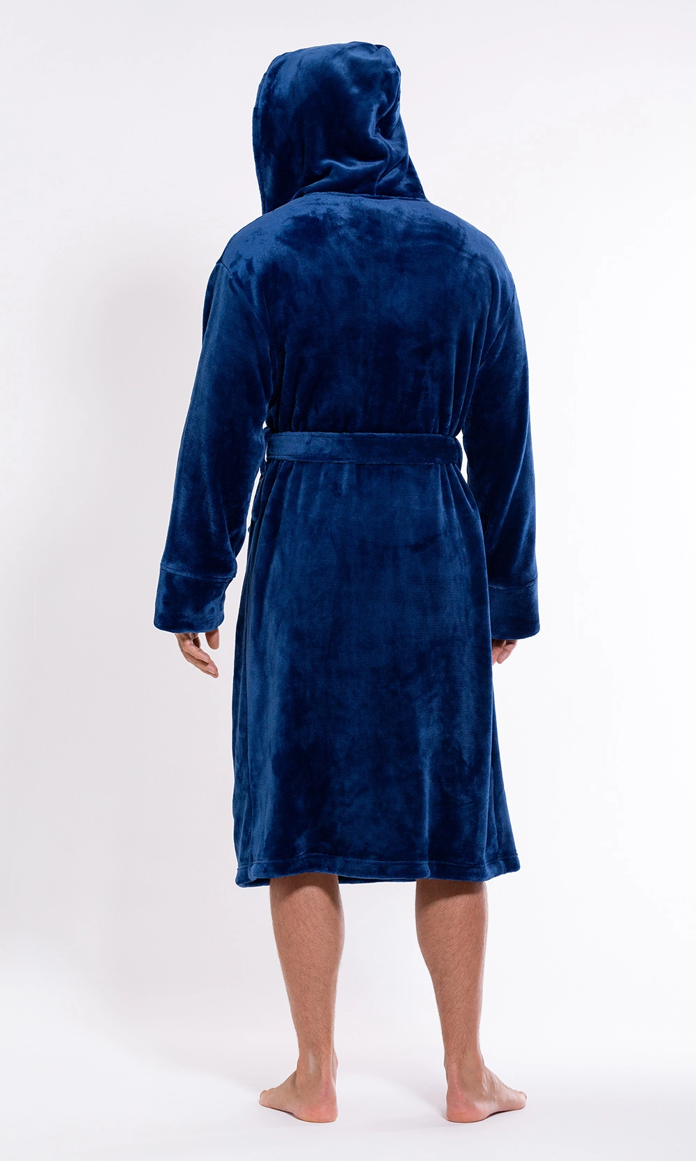 Men's Navy Blue Plush Soft Warm Fleece Bathrobe with Hood, Comfy Men's Robe-Robemart.com