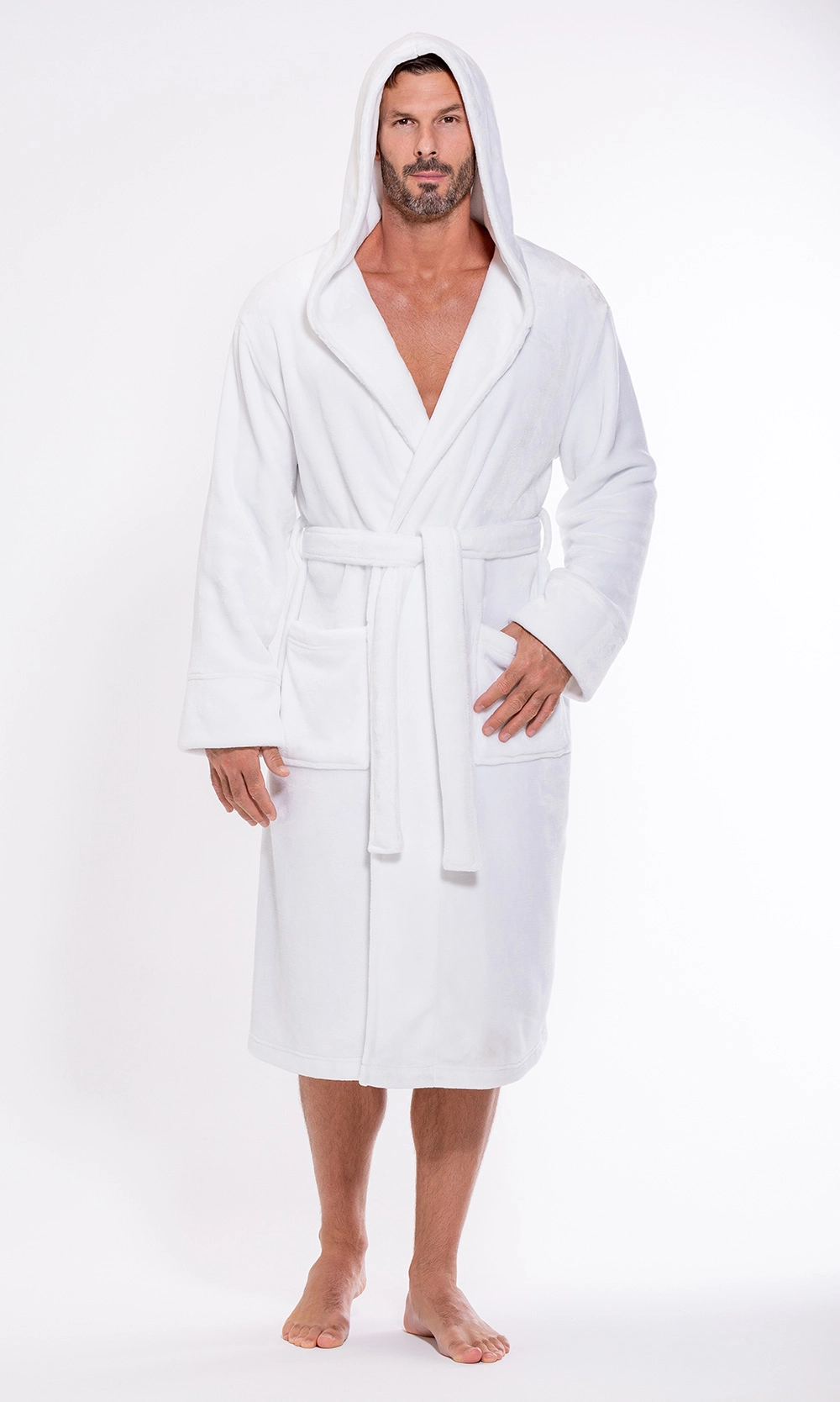Luxury Bathrobes :: Plush Robes :: Men\'s White Plush Soft Warm Fleece  Bathrobe with Hood, Comfy Men\'s Robe - Wholesale bathrobes, Spa robes, Kids  robes, Cotton robes, Spa Slippers, Wholesale Towels