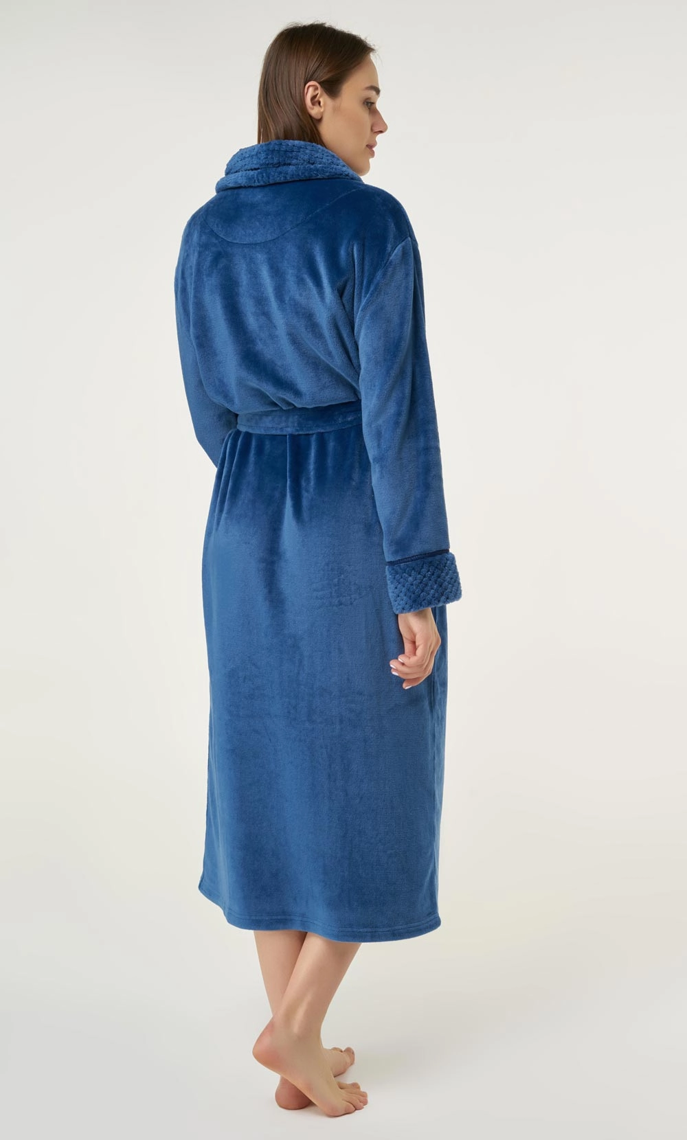 Navy Blue Plush Soft Warm Fleece Womens Robe-Robemart.com