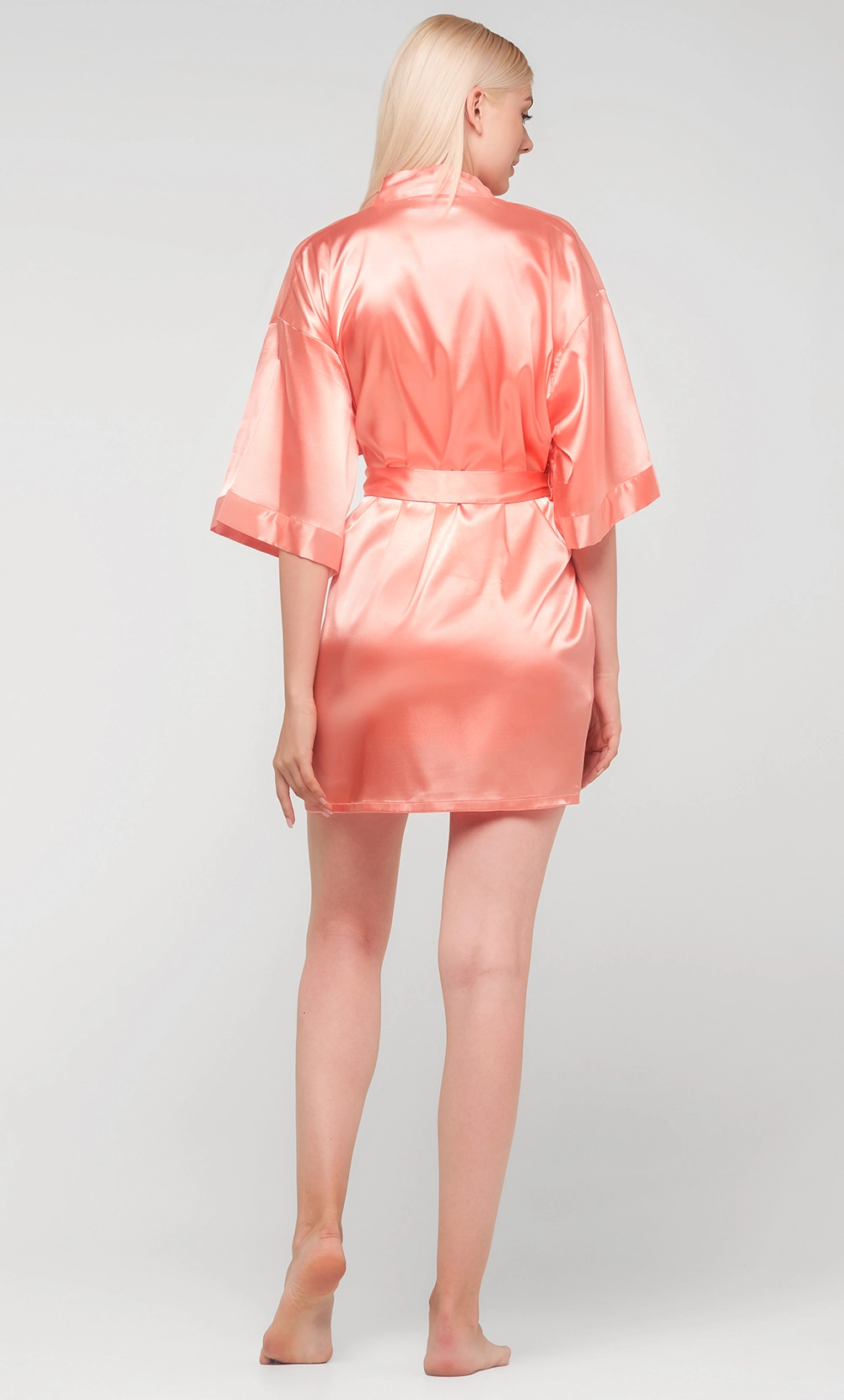 Peach Satin Kimono Short Robe-Robemart.com