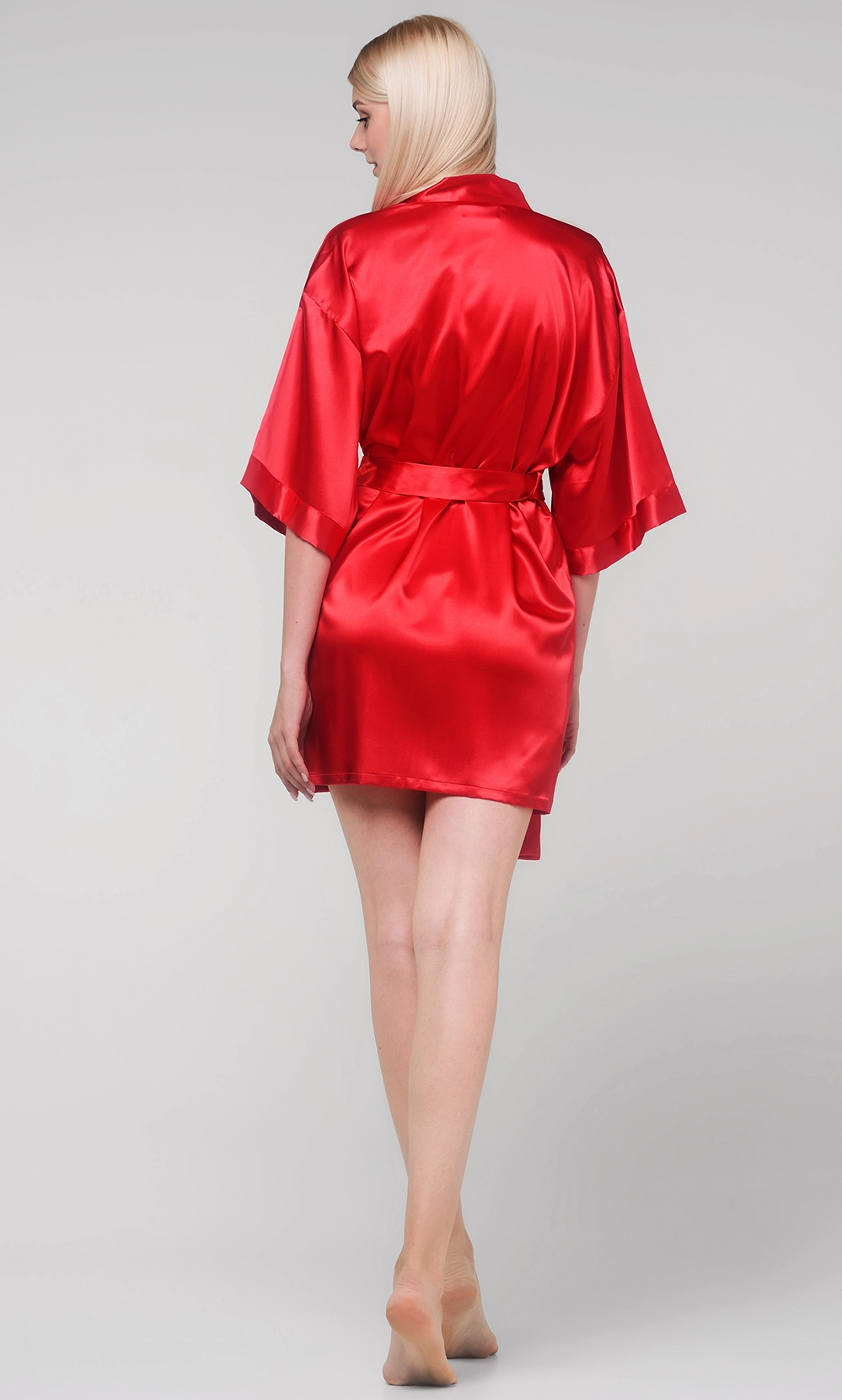 Red Satin Kimono Short Robe-Robemart.com