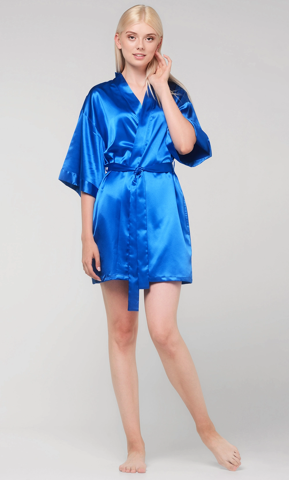 Royal Blue Satin Kimono Short Robe-Robemart.com