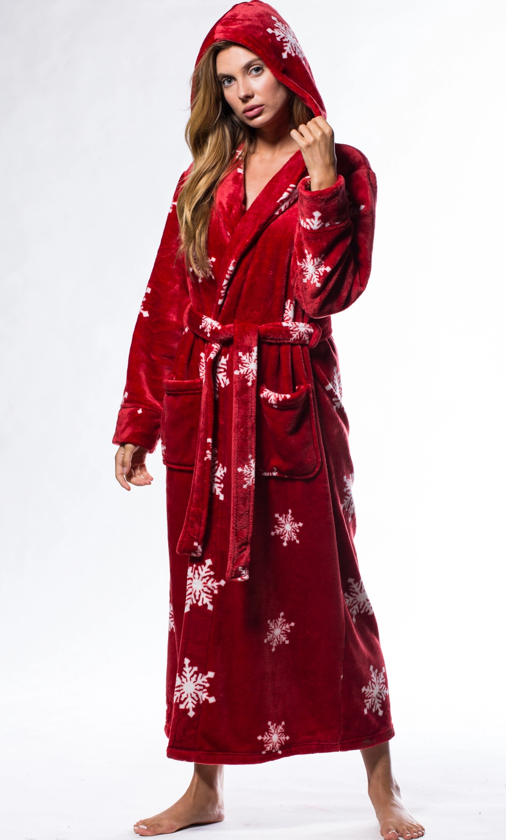 Super Soft Red Snow Plush Hooded Women's Robe