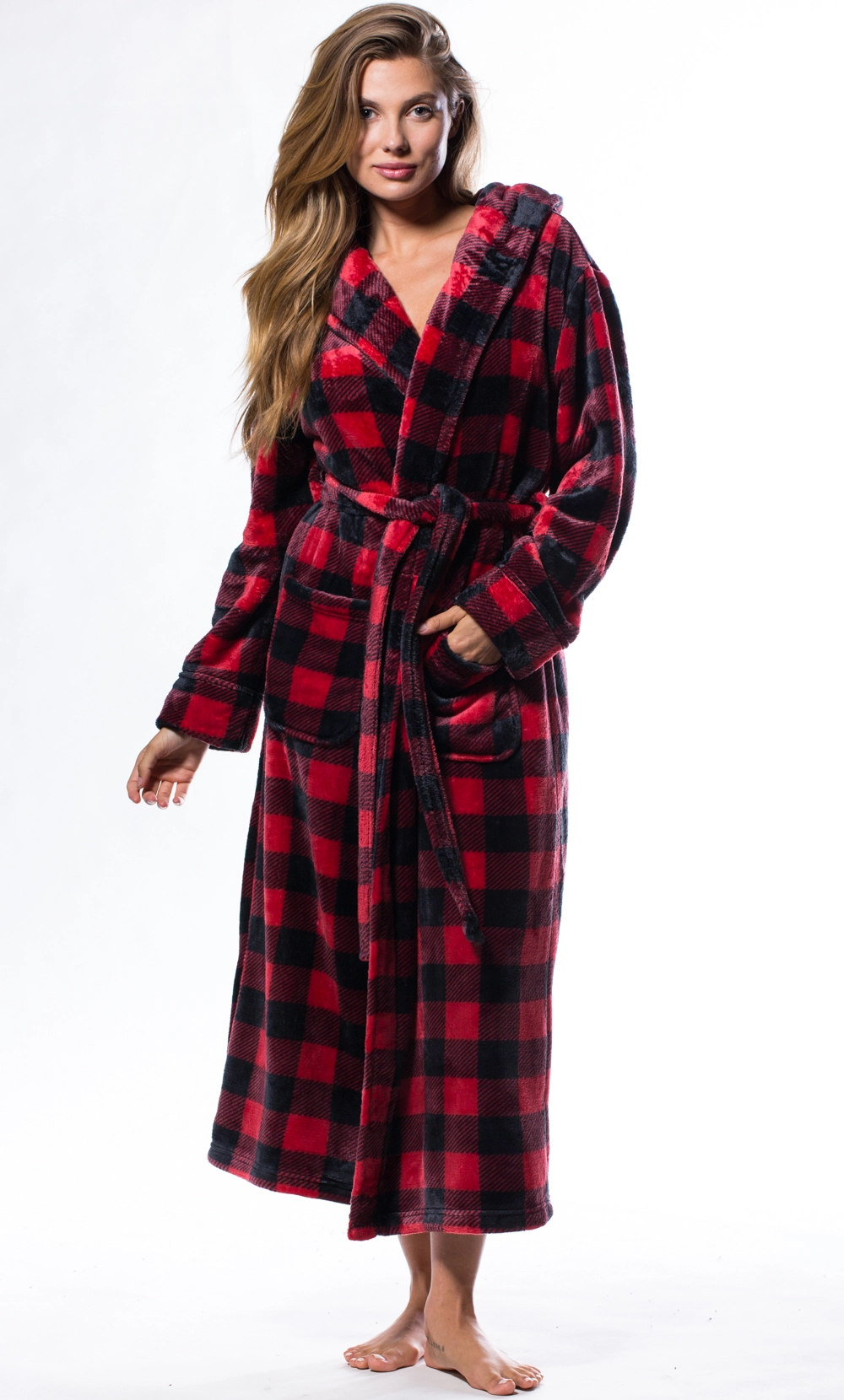 Super Soft Redplaid Plush Hooded Women's Robe-Robemart.com