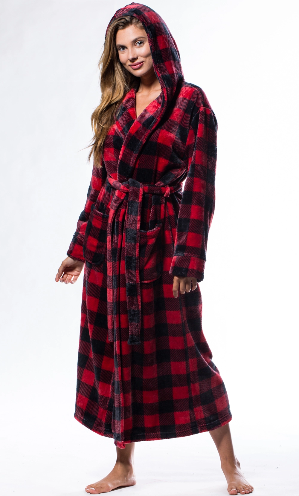 Super Soft Redplaid Plush Hooded Women's Robe-Robemart.com