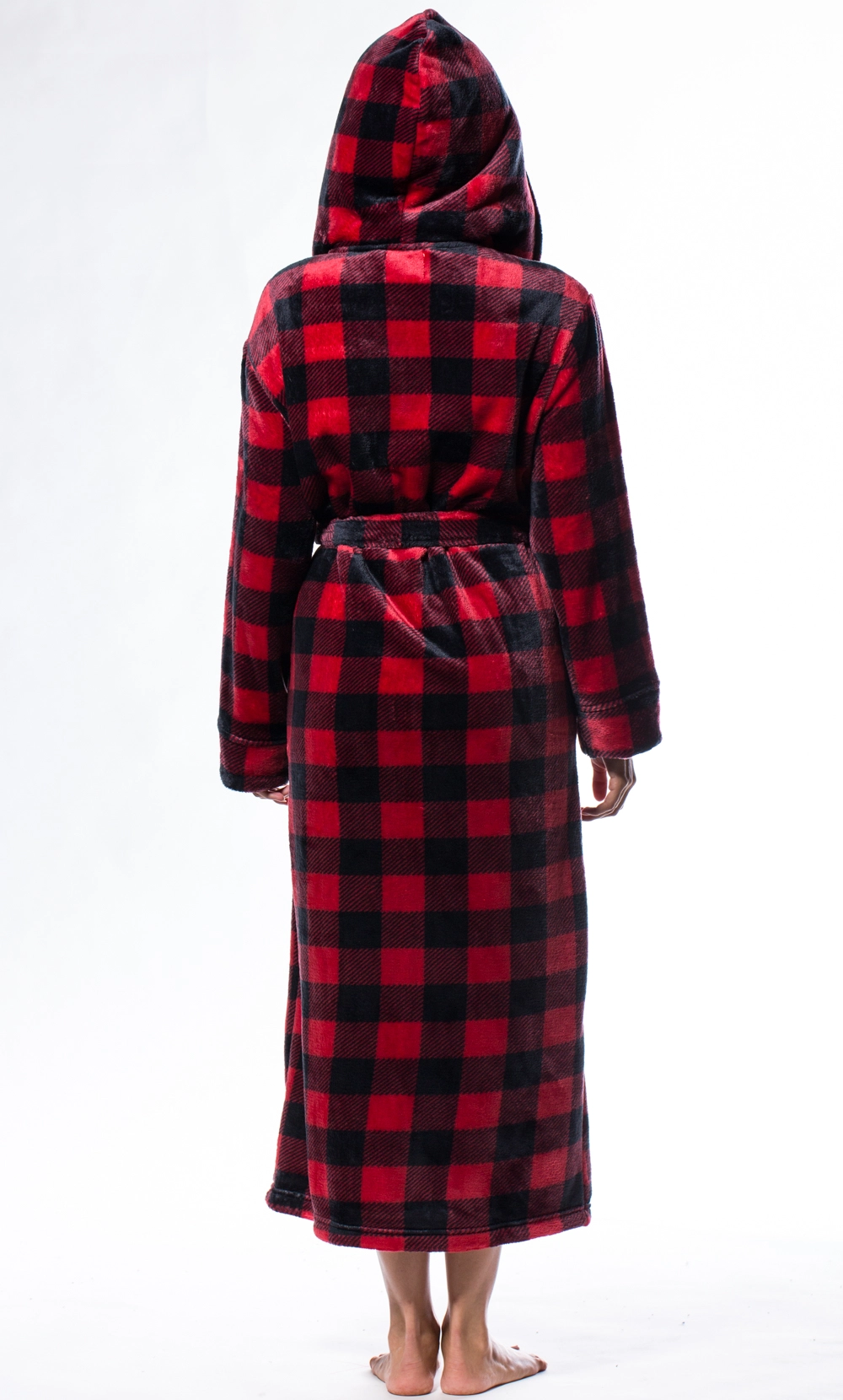 Super Soft Redplaid Plush Hooded Women's Robe-Robemart.com