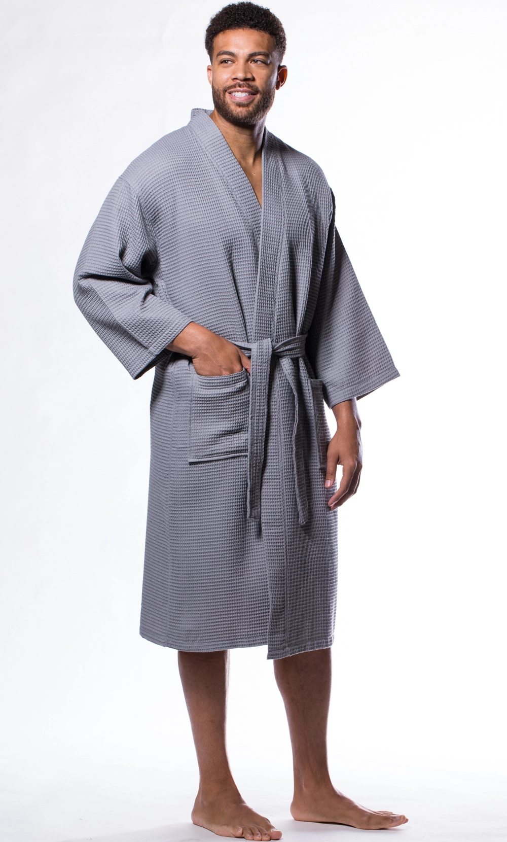 Men :: Robes :: Waffle Robes :: Waffle Kimono Gray Long Robe Square Pattern  - Wholesale bathrobes, Spa robes, Kids robes, Cotton robes, Spa Slippers,  Wholesale Towels