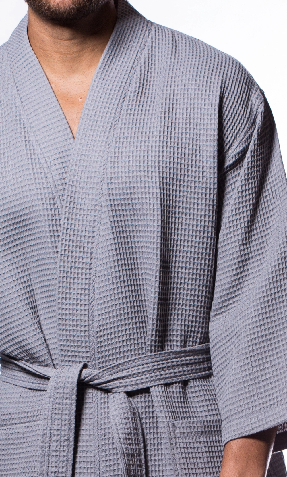 Waffle Kimono Gray Long Robe Square Pattern-Robemart.com