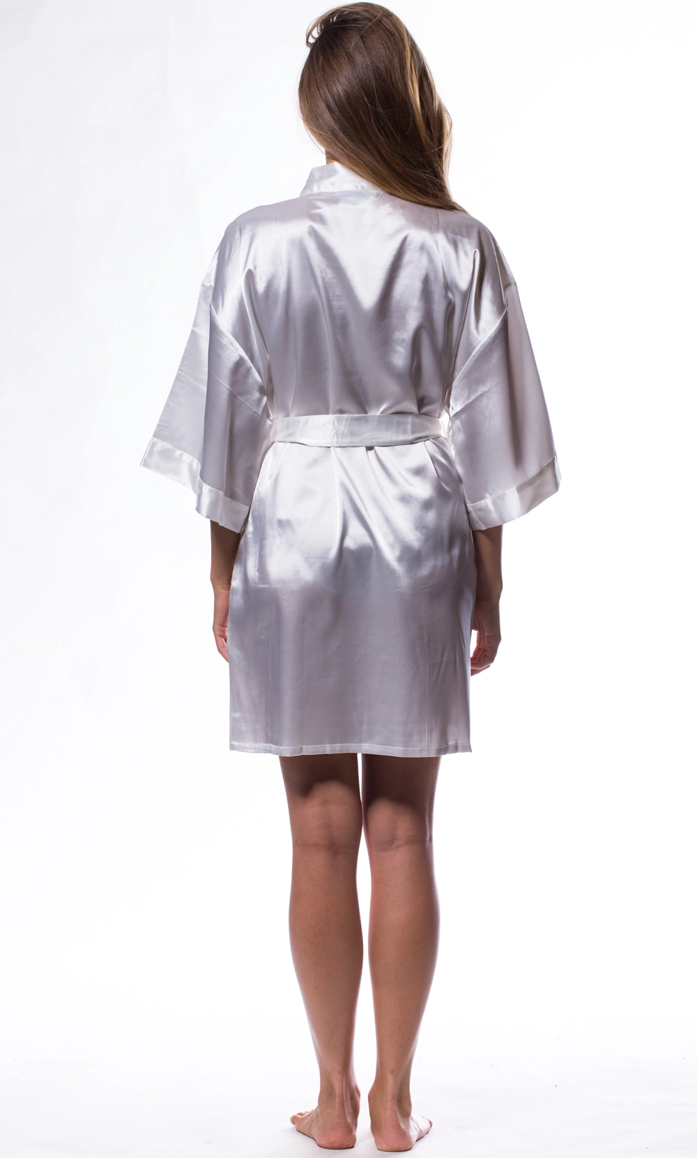 White Satin Kimono Short Robe-Robemart.com