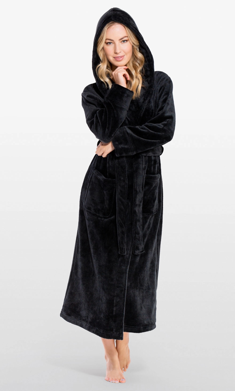 Super Soft Black Plush Hooded Women's Robe