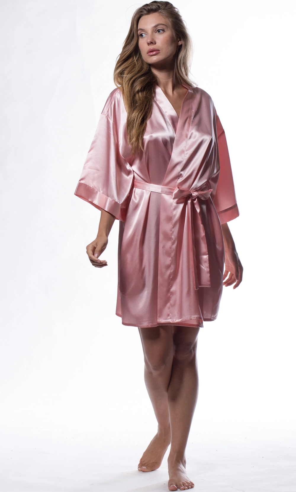 Pink Satin Kimono Short Robe-Robemart.com