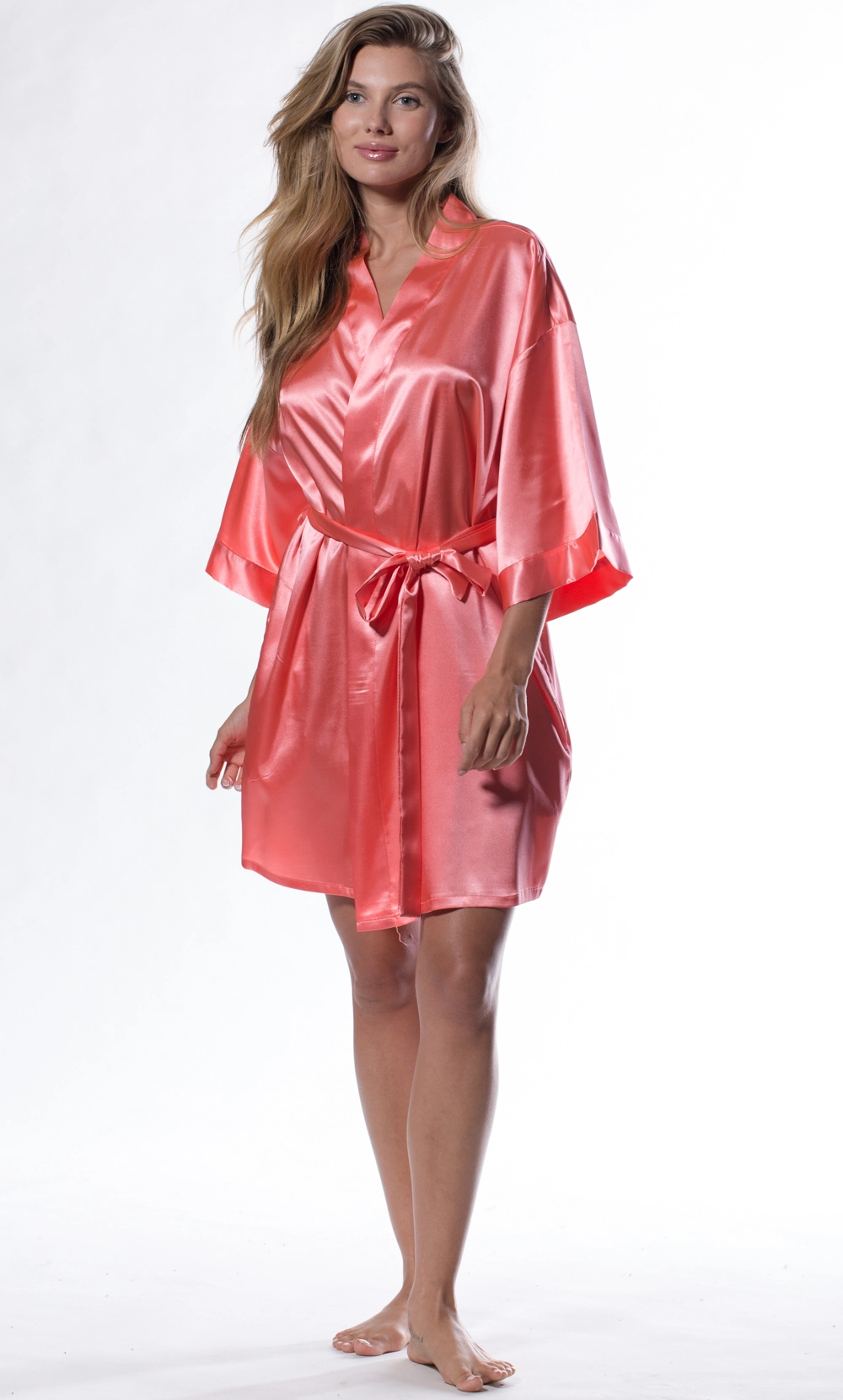 Light Coral Satin Kimono Short Robe-Robemart.com